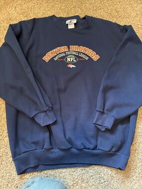 Vintage Logo Athletic Denver Broncos Navy Crewneck Sweatshirt with Orange
